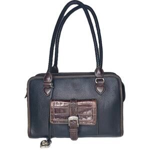 BRIGHTON Tote Bag Black Brown Crocodile Woven Leather Double Handle Purse Pocket